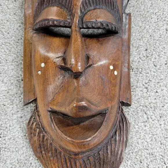 Vintage African Tribal Mask 19" Wood Hand Carved Face Natural Inlaid Art Decor